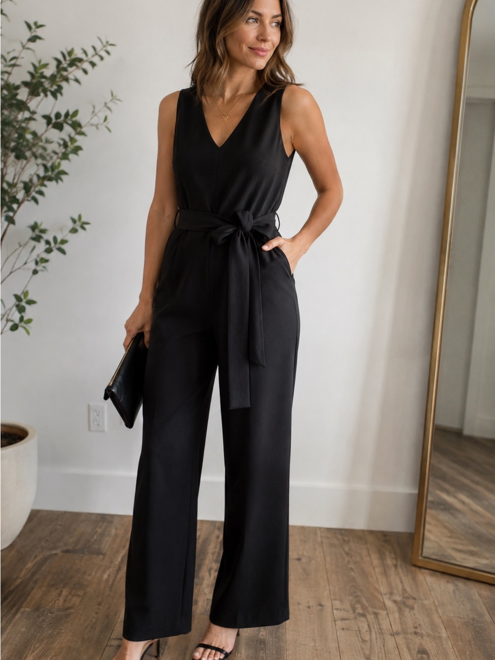 Banana Republic Black Wide Leg Sleeveless V-Neck Belted Jumpsuit Size 8